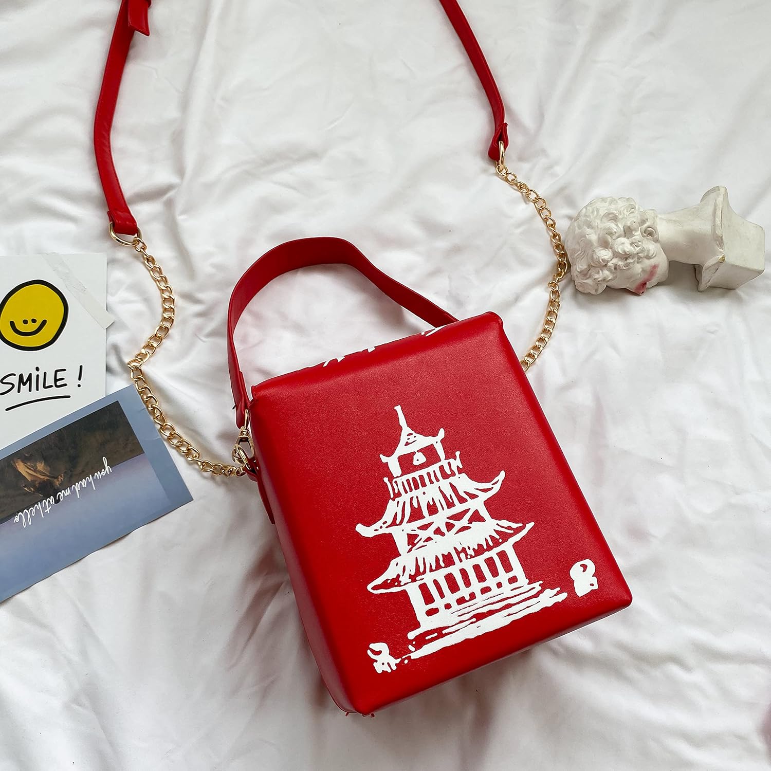 Tower Print Crossbody Shoulder Bag,Pu Chinese Takeout Box Totes Purse for Women(Red) - Image 2