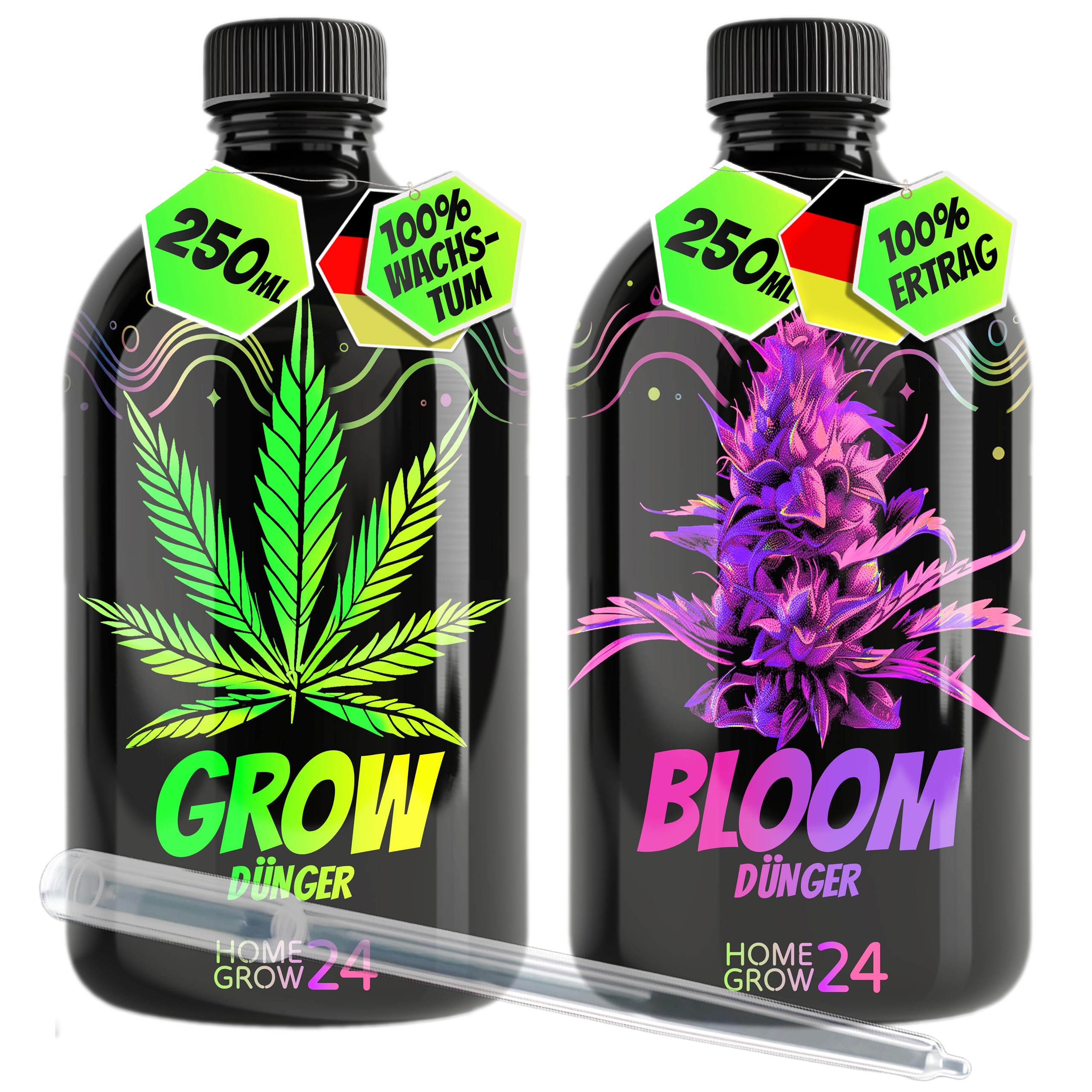 Homegrow24 Cannabis Dünger Indoor & Outdoor für Cannabispflanzen Wachstumsphase und Blütephase Duo Grow & Bloom Hanfdünger I Starter Set (Duo Dünger Set 2x250ml)