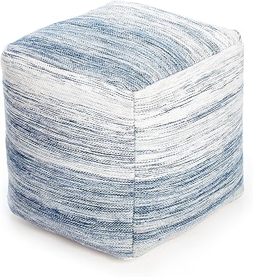 Anji Mountain 100% Handmade & Handcrafted Comfortable Home Décor Pouf Ottoman Footrest for Living Room, Bedroom, Nursery, Kidsroom, Patio Furniture - (20" x 20" x 20"- Ivory,Blue)