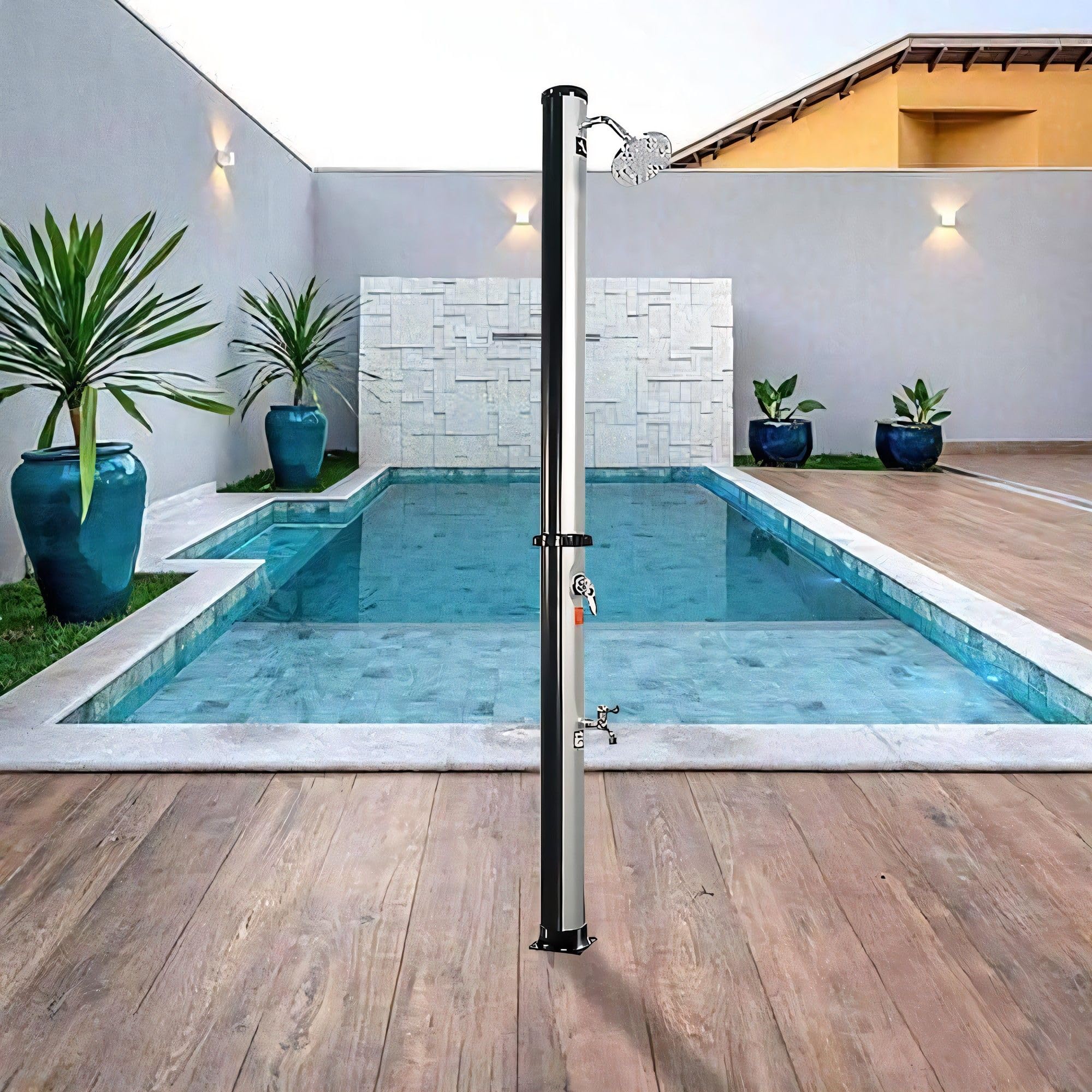 7.2Ft Outdoor Solar Heated Shower, 9.3 Gal Pool Shower w/Handheld Shower Head & Foot Tap Spigot, Ideal for Poolside Backyard Beach Pool Spa, Silver