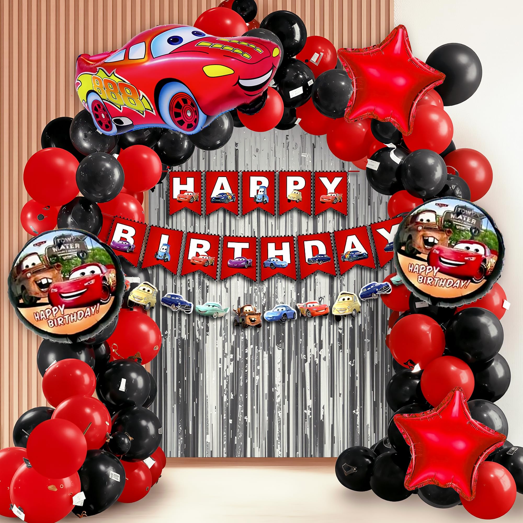 - Party Propz Car Theme Decoration for Birthday - 51 Pcs Birthday Decoration Kit for Boys, Happy Birthday Banner for Kids, Car Theme Banner, Foil Balloons, Latex Balloons, Silver Fringe Curtain
