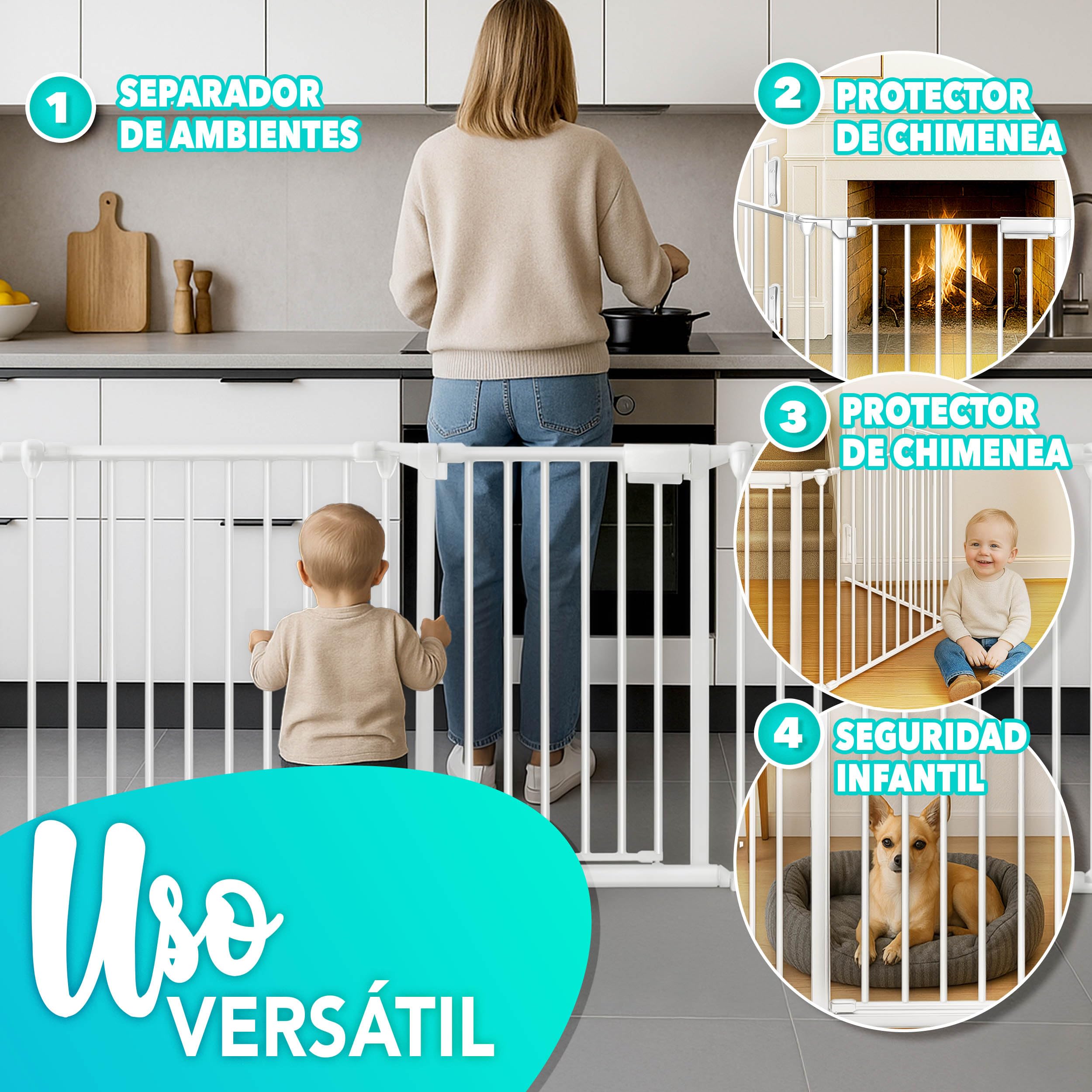 KIDUKU® Barrera de Seguridad 300 cm para Niños y Mascotas | Reja de Protección de Metal - Premontado | Rejilla Protectora Metálica Plegable con Puerta | 5 Paneles