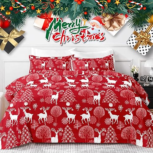 HCORA Sábanas de Navidad tamaño King  Ciervo de Navidad  Lujosas sábanas de microfibra cepillada de 90 GSM  Sábanas transpirables para cama tamaño