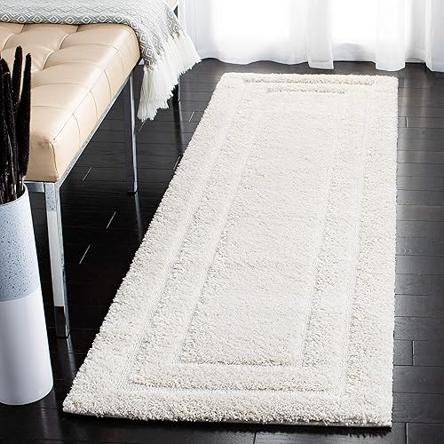 SAFAVIEH Florida Shag Collection SG454 Border Non-Shedding Living Room Bedroom Dining Room Entryway Plush 1.2-inch Thick Runner, 2'3" x 9' , Cream / Cream