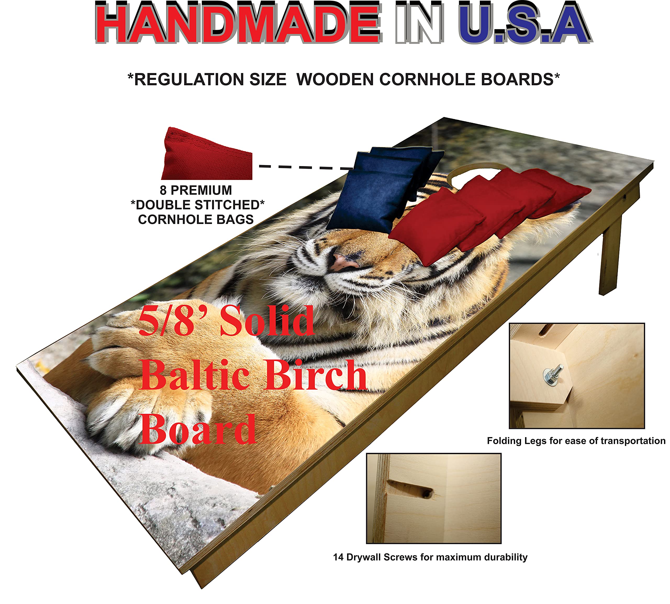 Premium Cornhole Set - Wild Tiger Tailgate Cornhole Boards w Set of 8 Cornhole Bags! 4