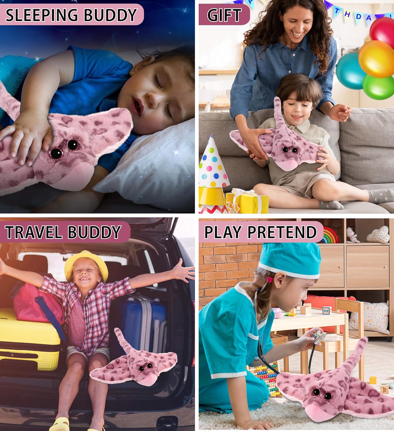 DolliBu Pink Rose Stingray Super Soft Stuffed Animal, Cute Realistic Stuffed Animals for Girls, Boys, Adults Animal Gifts, Kids Nursery Decor for Newborn, Cuddly Soft Baby Plush Toys - 15 Inches