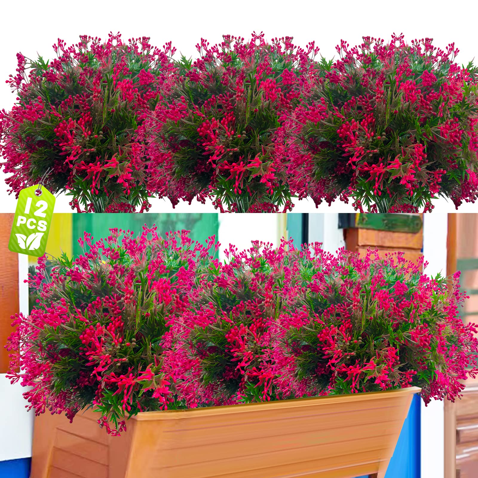 12 Bundles Outdoor Artificial Flowers, UV Resistant Plastic Faux Outdoor Boxwood Greenery Shrubs Plants, Fake Fall Flowers for Christmas Indoor Hanging Plants Garden Porch Wedding Decoration (Red)