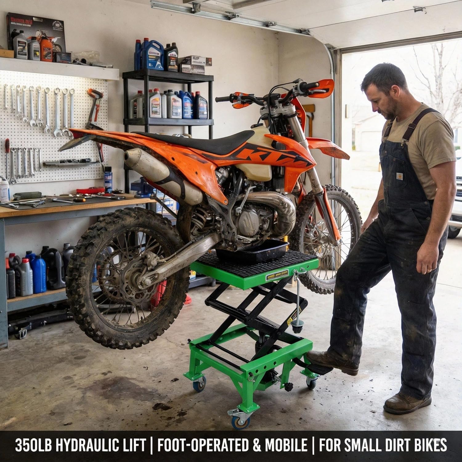 300 lb Heavy-Duty Hydraulic Motorcycle Lift Table with Foot-Step Lever, Wide Platform, Lockable Wheels & Non-Slip Surface – Ideal for Bike Maintenance & Storage (Green)