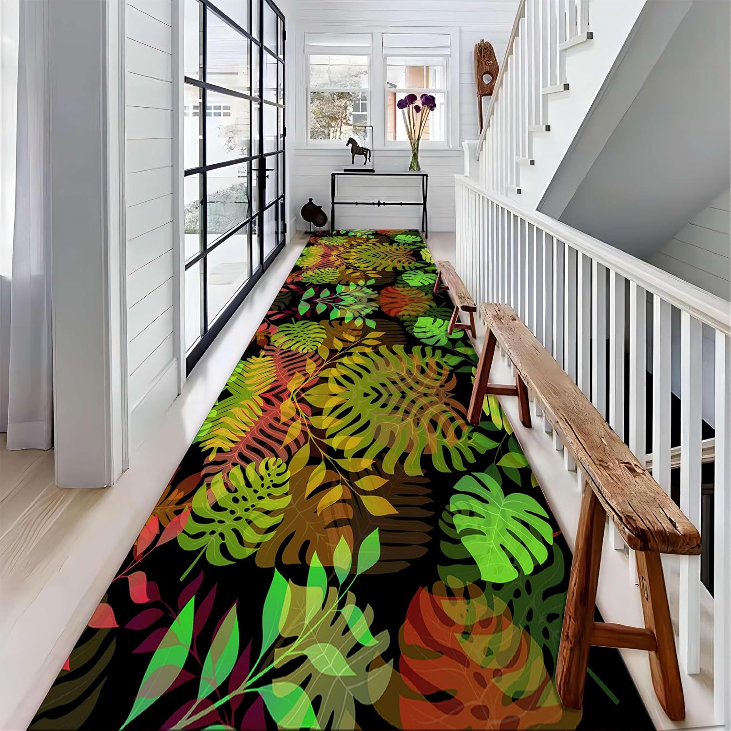 Palm Leaf Kids Runner Rug, 2x6ft, Green Colorful Leaves Palm Leaf Hallway Runner Rug, Small Cute Bath Mat Nursery Corridor Carpet, Non Slip Long Carpet for Bedroom Children Room Kitchen