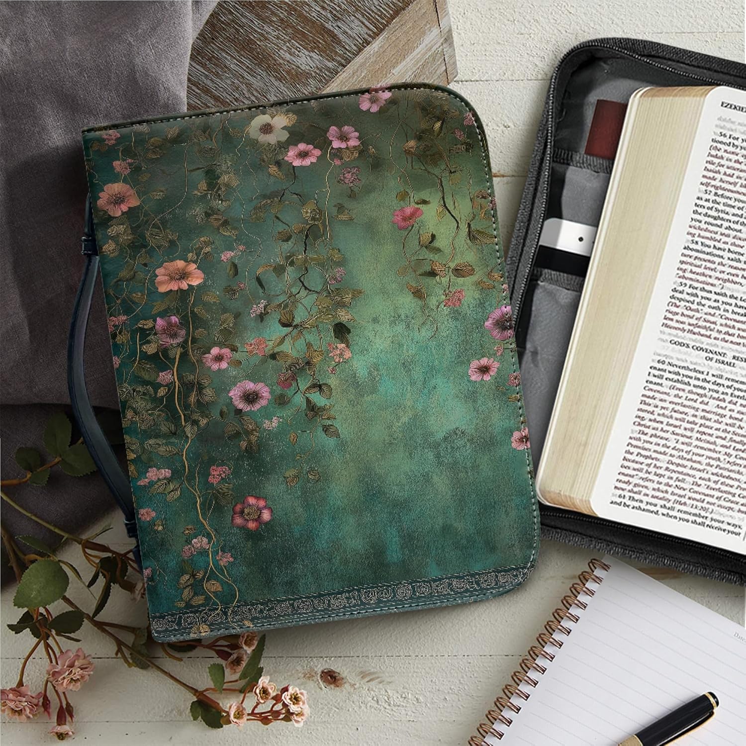 Flowers Bible Cover PU Leather Bible Case with Bookmark Bible Bag for Women Men