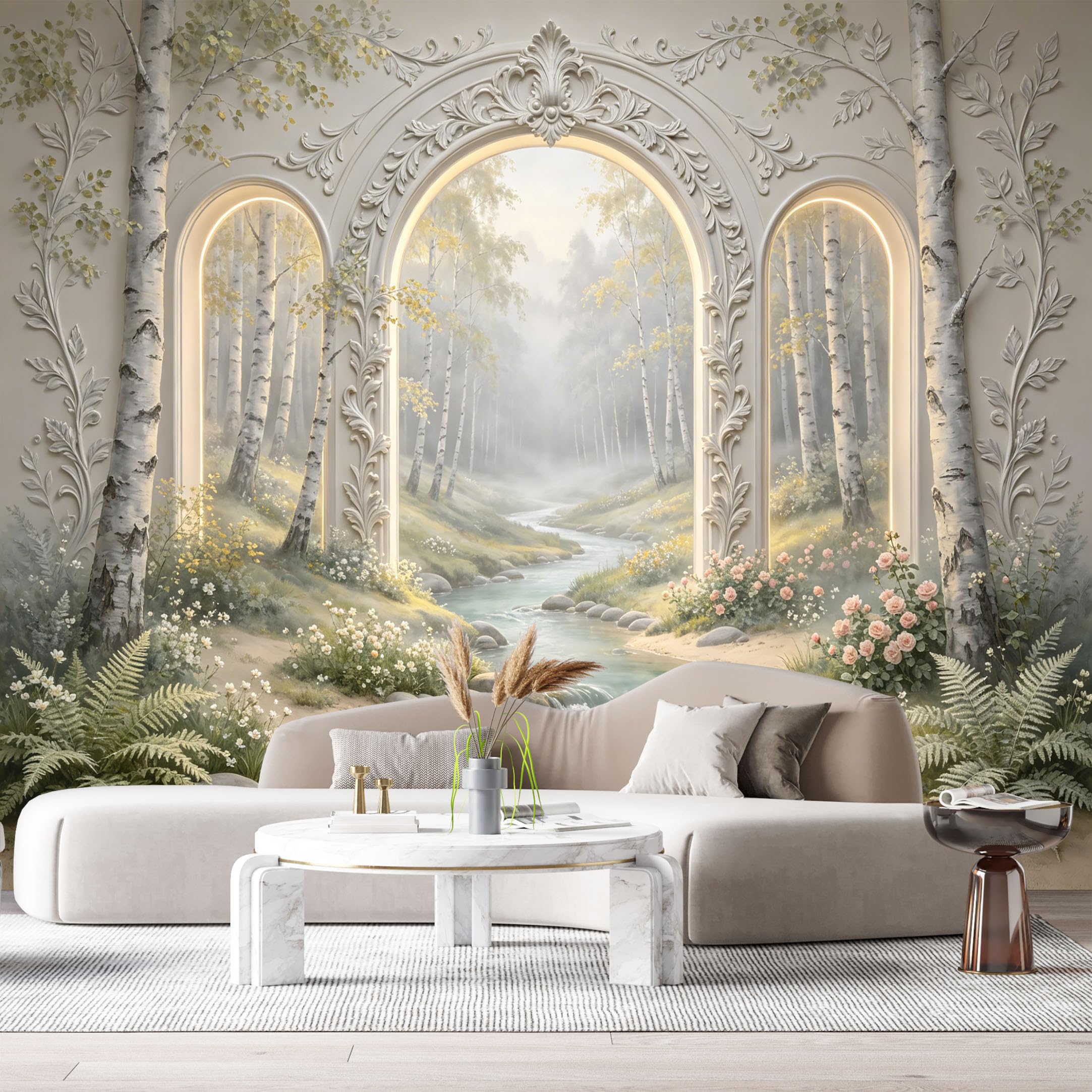 Custom Size Wall Murals Birch Forest River Archway 3D Trompe L'Oeil SelfAdhesiveWall Fabric Removable Wallpaper Wall Decor for Living Room Bedroom Bathroom