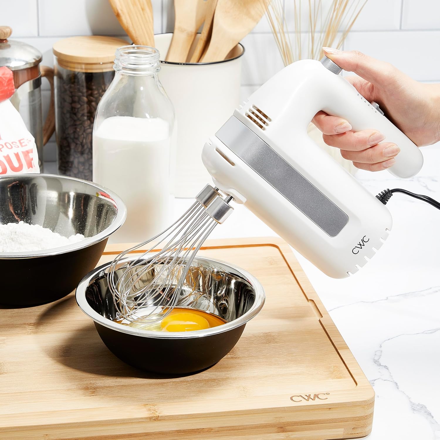 COOK WITH COLOR Handheld Mixers: Whip up Deliciousness! Beaters & Whisk Attachments. Lightweight & Labeled, 150w 5 Speed, Creme