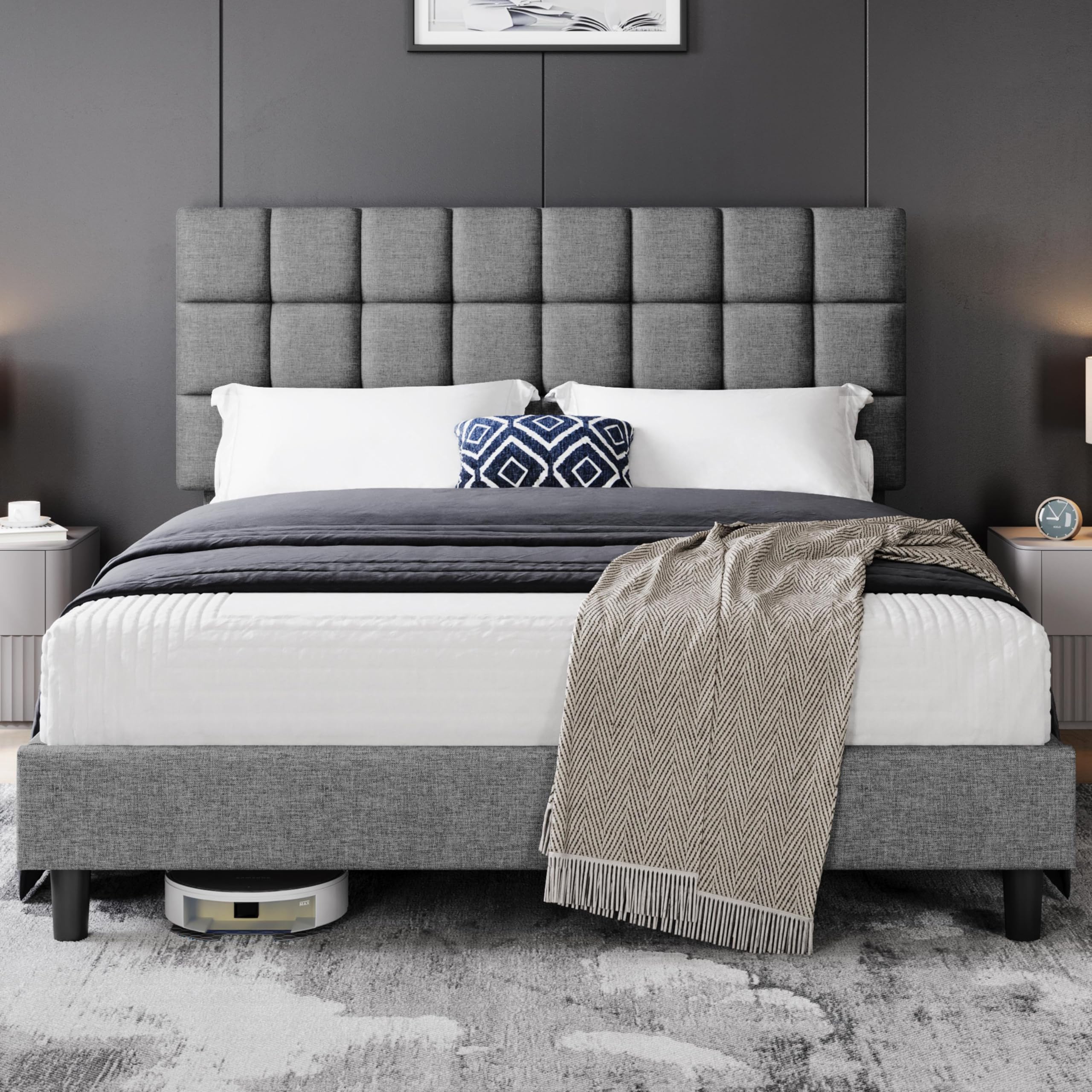 Yaheetech Polsterbett 160 x 200 cm Doppelbett mit Höhenverstellbarem Kopfteil, Stabiler Bettrahmen Stoffbett mit Lattenrost, Gepolstertes Bettgestell Bett, Hellgrau