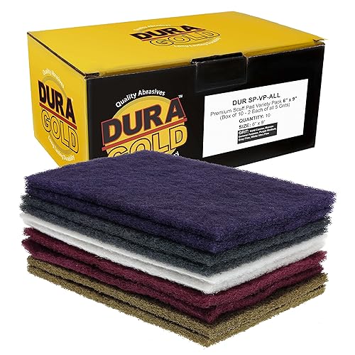 Dura-Gold Paquete variado de 10 almohadillas prémium de 6 x 9 pulgadas 2 unidades cada granate gris dorado morado y blanco rayas estropajo lijado Dura-Gold Paquete variado de 10 almohadillas prémium de 6 x 9 pulgadas 2 unidades cada granate gris dorado morado y blanco rayas estropajo lijado