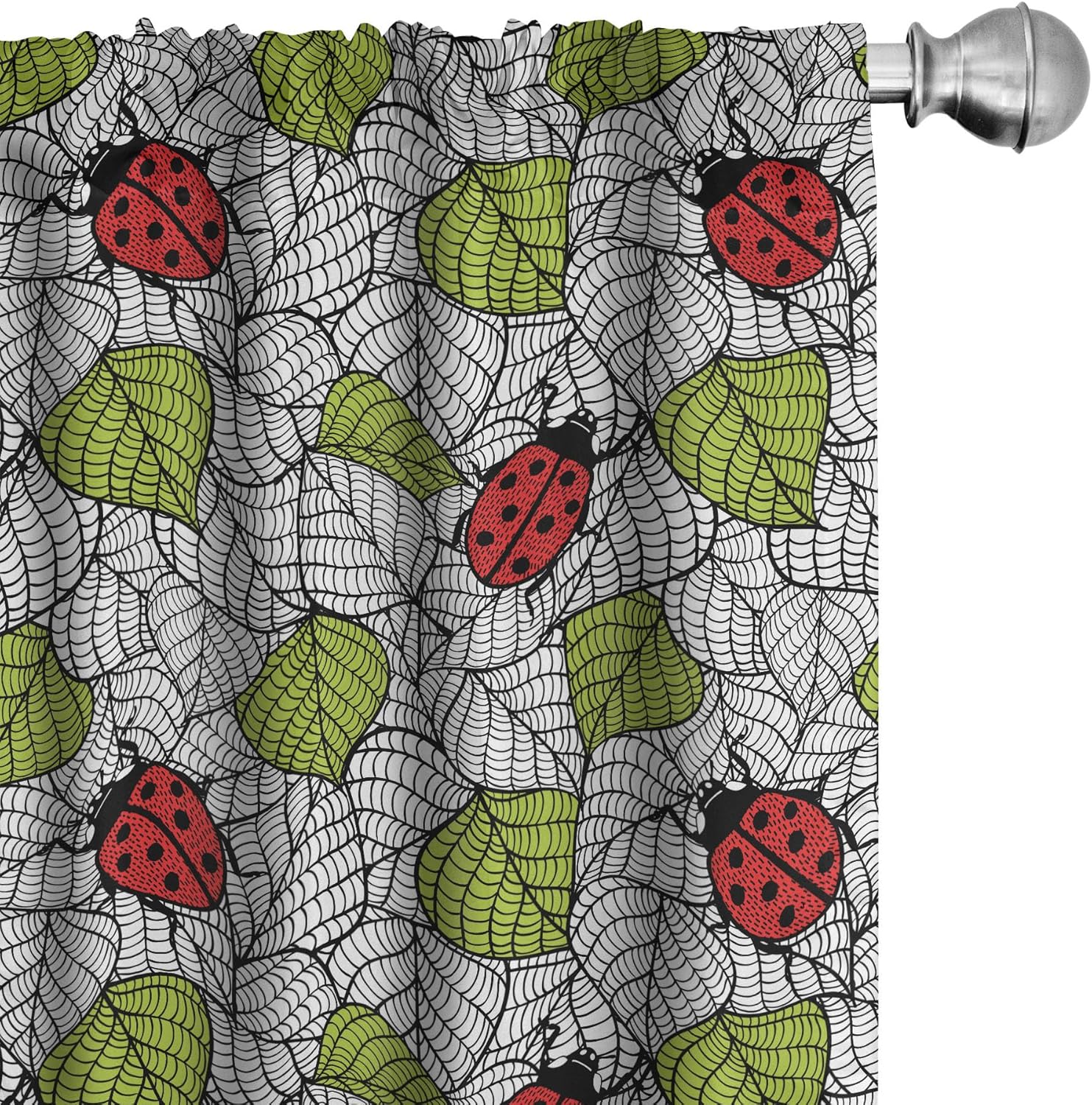 Ambesonne Ladybugs Window Curtains, Ecological Fresh Leaves and Ladybugs Doodle Style Animals and Plants Pattern, Lightweight Decor 2-Panel Set with Rod Pocket, Pair of - 28" x 95", Black Green