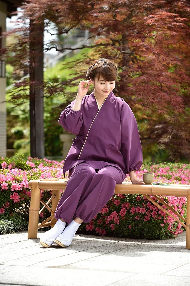 Amazon | [五彩堂] 小格子作務衣 女性用(からし・紺・紫)(S-LL