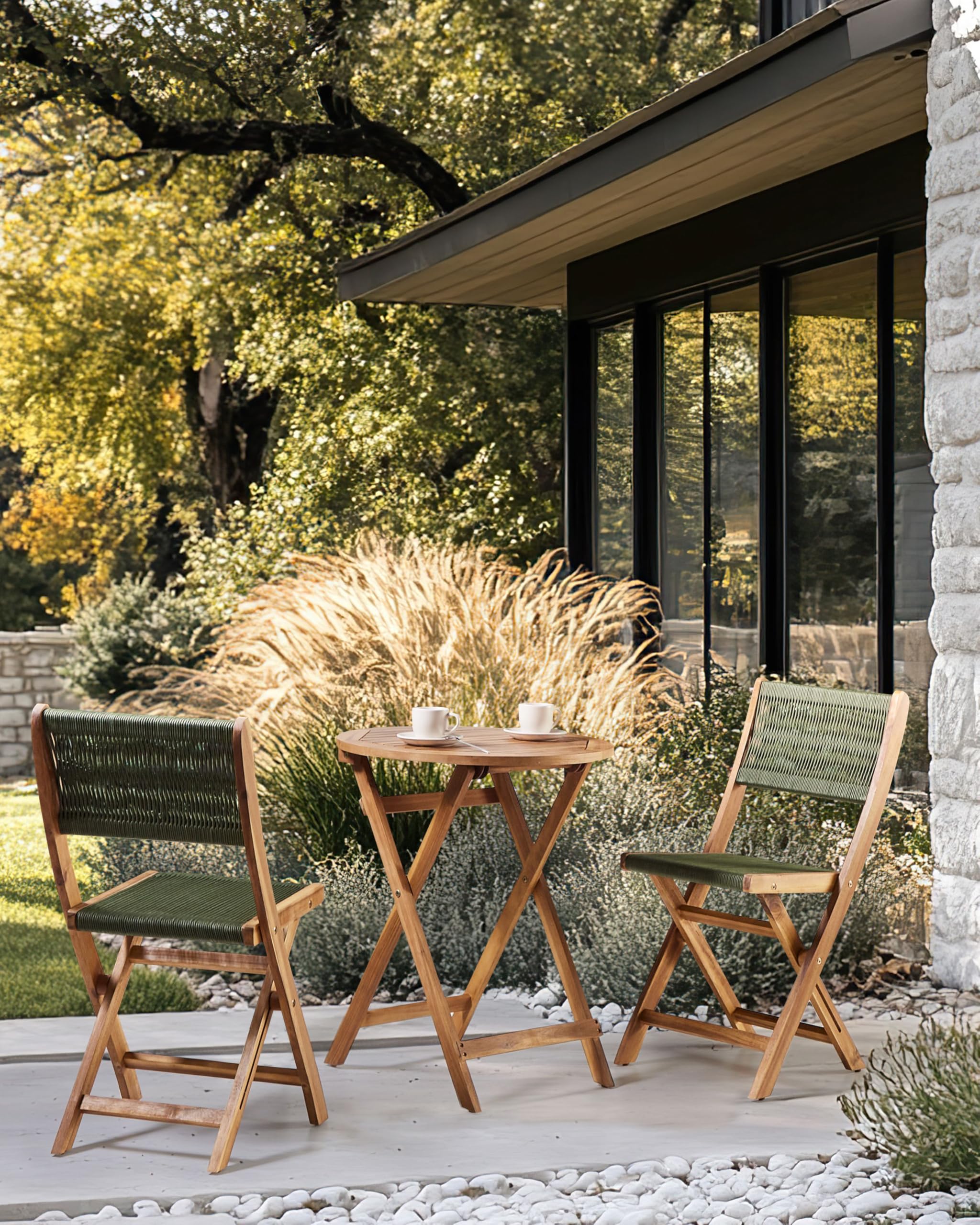 Gartenstühle 2er Set Akazienholz mit Seilgeflecht grün klappbar Prossedi