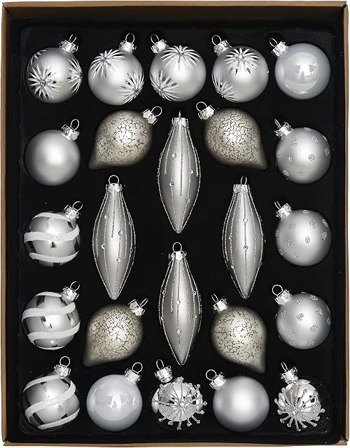 Valery Madelyn 24pcs Christmas Glass Baubles Pack, 6-10.5cm Eternal Silver and Grey Christmas Balls Ornaments for Christmas Tree Decoration