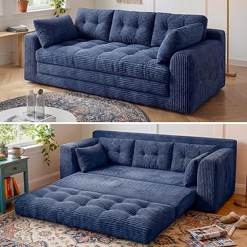 Homkdom 3 Seater Convertible Folding Sofa Bed, Pull Out Sleeper Sofa with Pillows,Foldable Floor Couch Comfy Lounge for Small Space Living Room Bedroom, Navy Blue