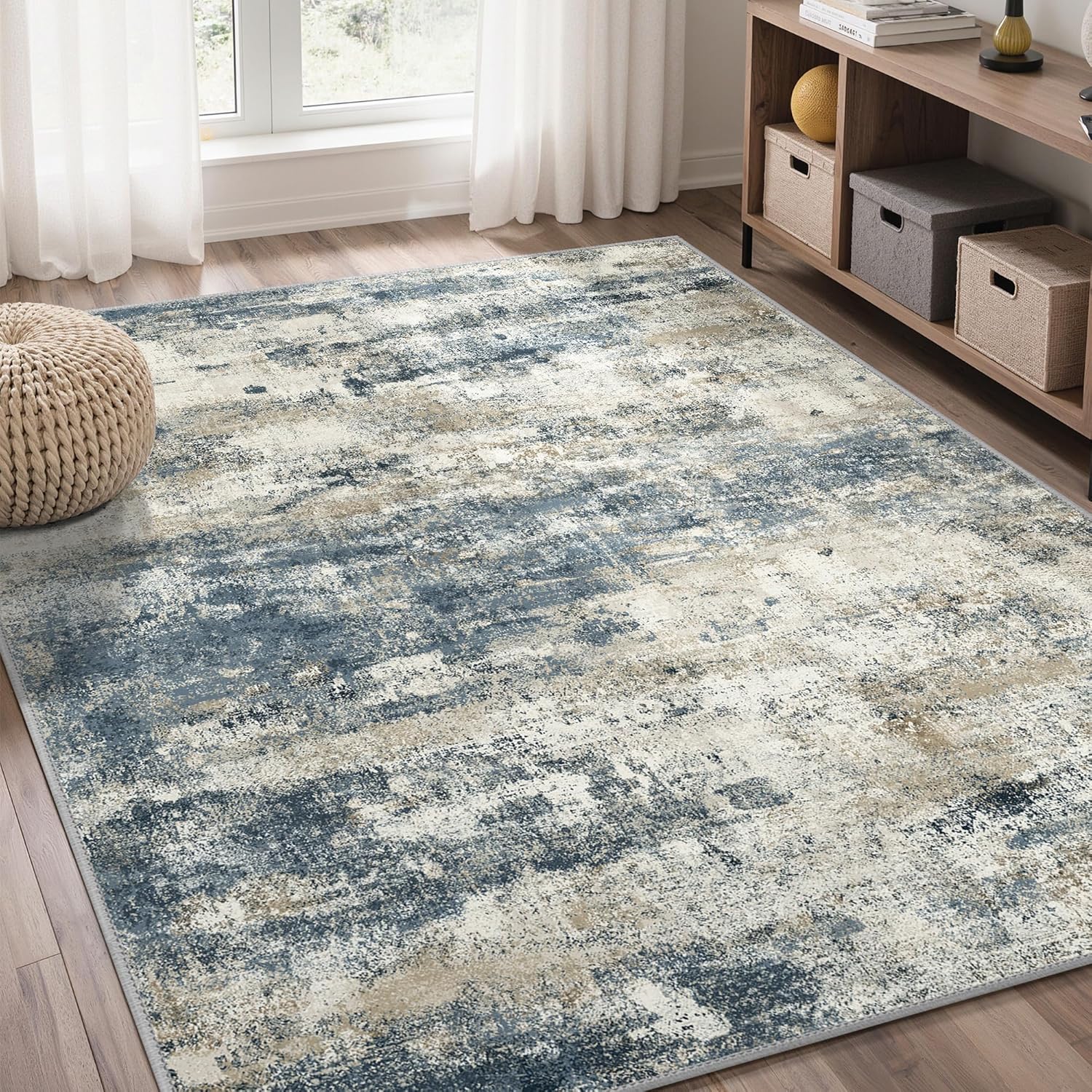 GENIMO Abstract Area Rug 5x7, Washable Modern Rug Non Slip, Low Pile Lightweight Soft Large Carpet for Living Room, Bedroom, Dining Room, Navy Blue