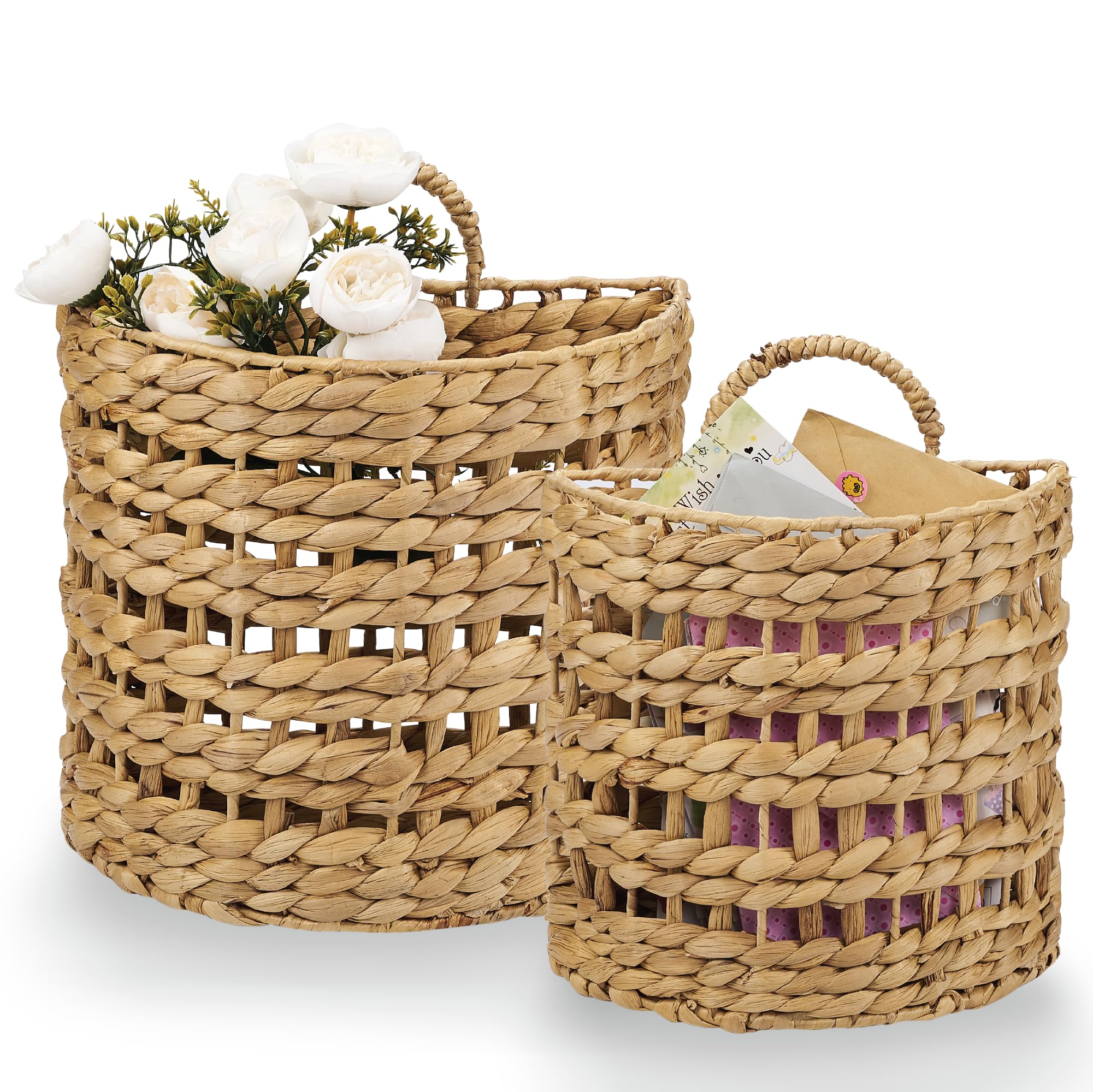 Set of 2 Wicker Hanging Basket for Organizing, Front Door, Mail, Flowers - Woven Wall Baskets for Storage