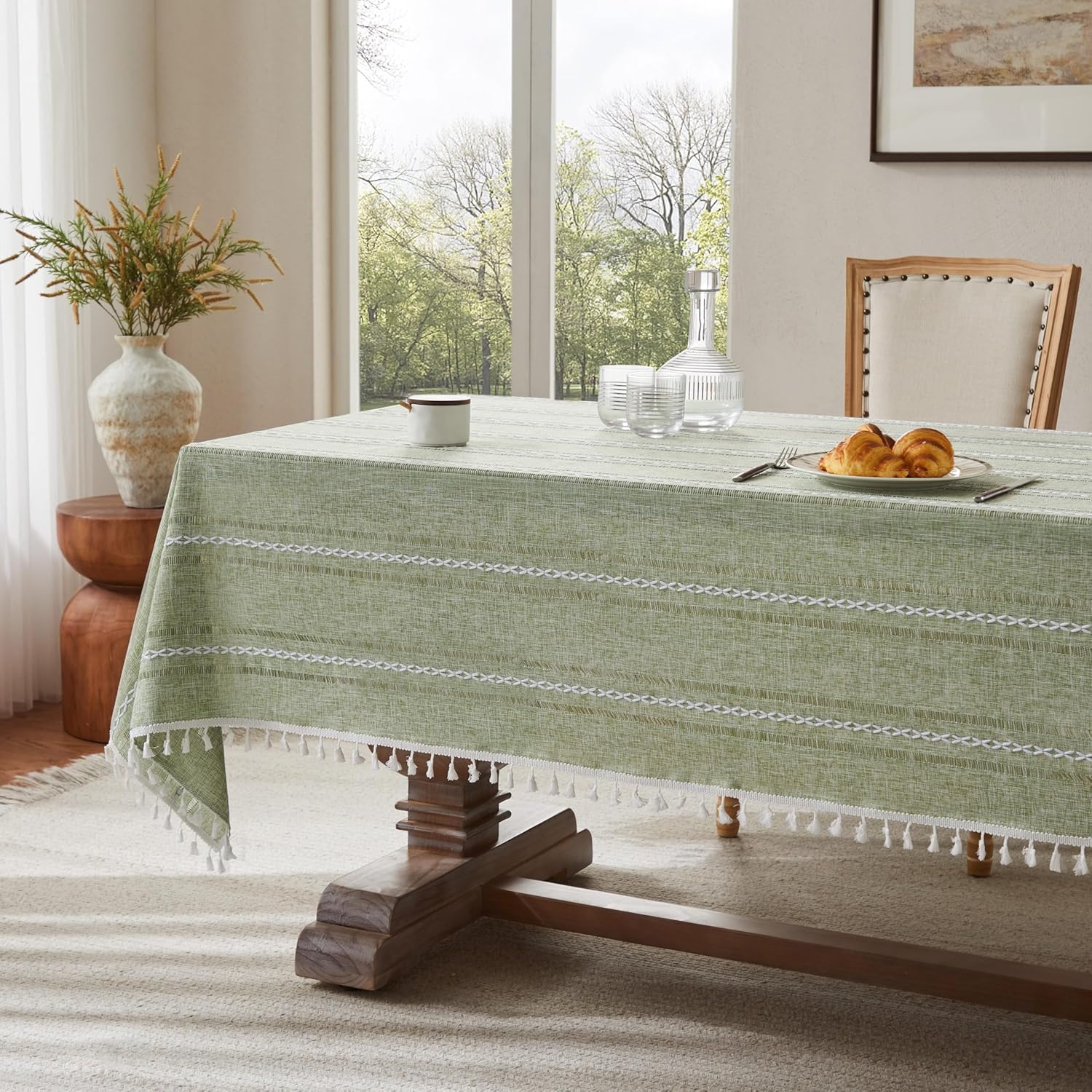 ZeeMart Hemstitched Embroidery Striped Boho Tablecloth 60x120 Inch Light Green, Heavy Weight Farmhouse Burlap Linen Sage Tablecloth, Wrinkle Resistant Washable Table Cloth for Rectangle Table