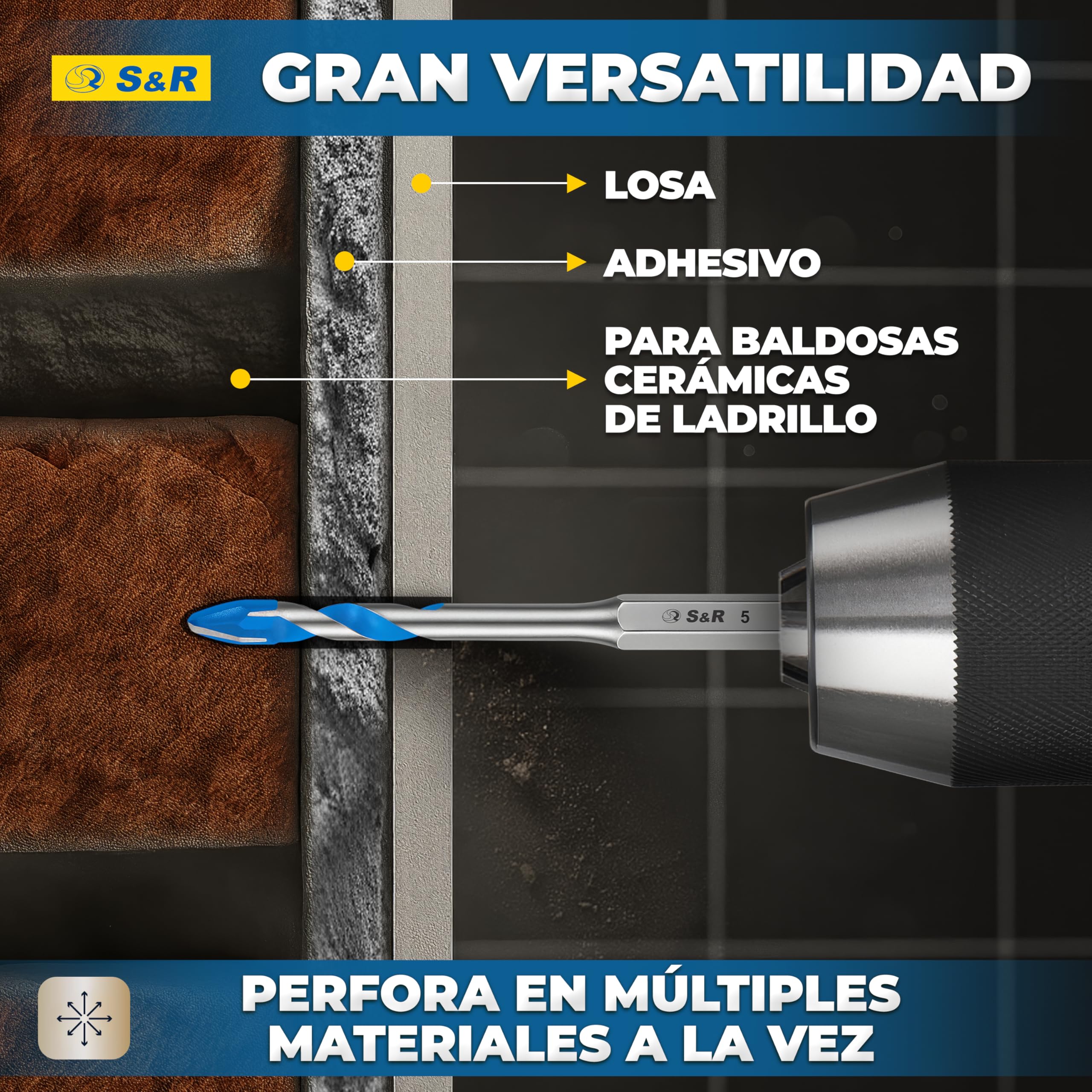 S&R Juego de Broca Azulejos Porcelanico Cerámica dura - Broca 4/5/6/8/10 mm - Broca para Porcelanico Azulejos Céramica Mármol Granito Vidrio. Brocas de Vástago hexagonal de 1/4