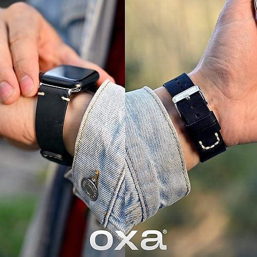 Miniatura 6 de OXA Leather Stitch Detailed Compatible with Apple Watch Band  Series 8 7 6 5 4 3 2 1 SE Ultra  Polished Stainless-Steel Buckle and Adapters  Men and