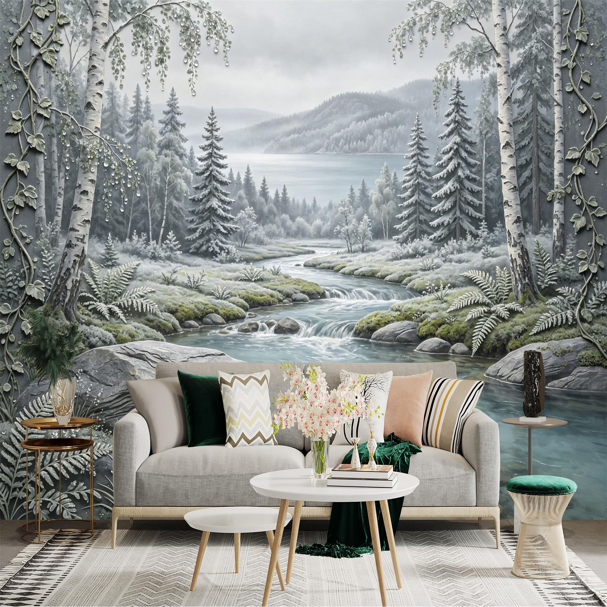 Custom Size Wall Sticker Mural， Tranquil Forest River with Birch Trees and Misty Mountains， for wall Decoration， peelandstick wall Decals.
