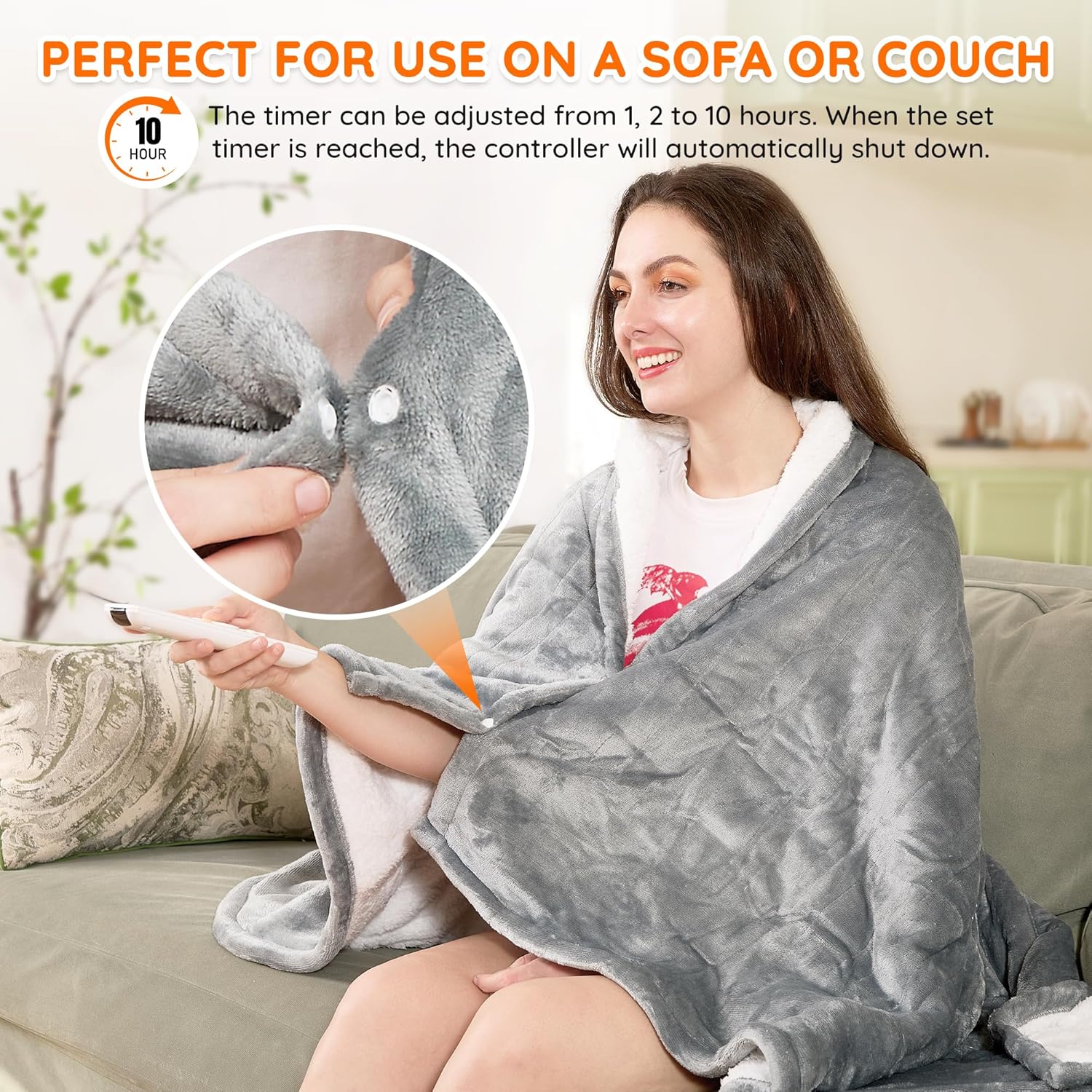 Mia&Coco Heated Throw Blanket - 50"x60" Flannel Electric Blanket, 6 Heat Levels, 10-Hour Auto-Off, Fast Heating, Overheat Protection, Machine Washable, Soft Heated Blanket for Home and Office (Gray) - Image 6