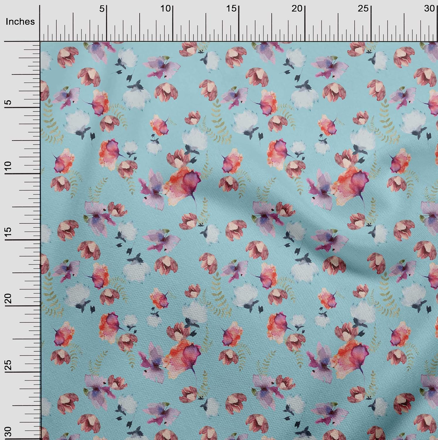 oneOone Polyester Spandex Sky Blue Fabric Flower & Leaves Watercolor Quilting Print Sewing Fabric by The Yard 56 Inche Wide