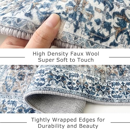 Miniatura 4 de KOZYFLY Alfombras redondas lavables de 5 pies, alfombra bohemia azul antideslizante, alfombra de comedor circular de 5 x 5 pies, alfombras de lana