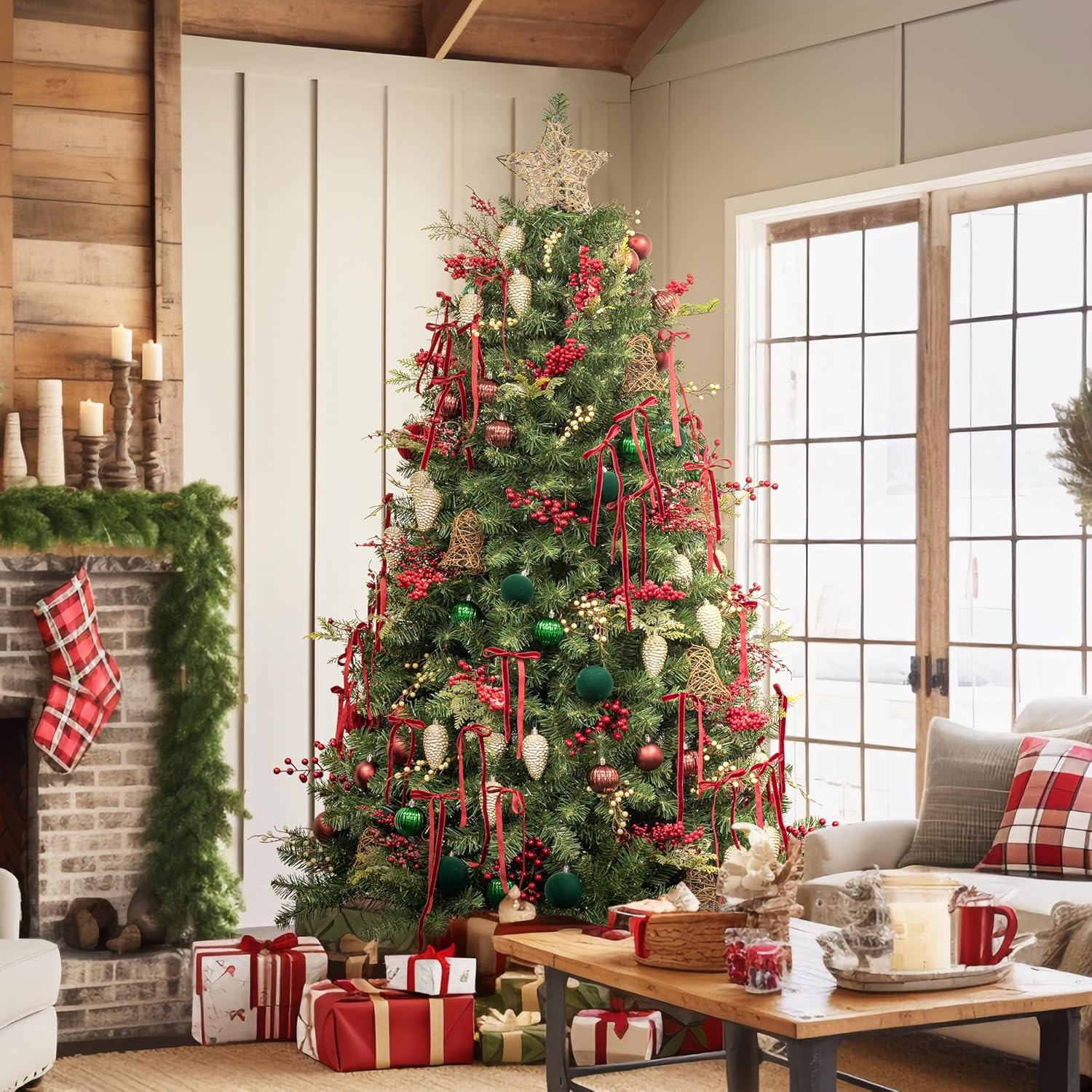 KI Store 6ft Christmas Tree with Ornaments and Lights All in ONE Classic Themed Completed Christmas Tree Set Including 6 Feet Full Tree, Ornaments, USB LED String Lights Remote and Timer