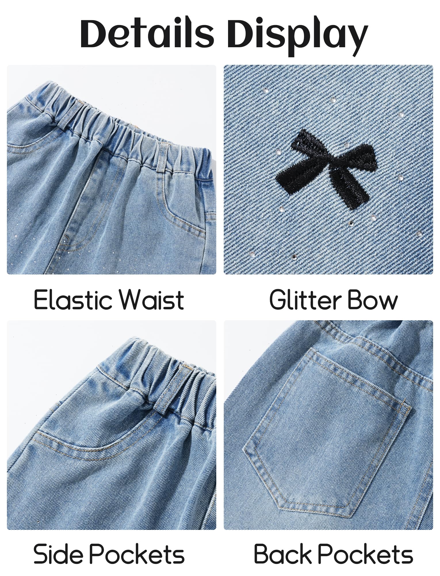 Jeans con Gamba Dritta Ragazza Pantaloni in Denim Elastico in Vita Pantaloni in Cotone Confortevoli Jeans Ricamati Traspirante 5-13 Anni