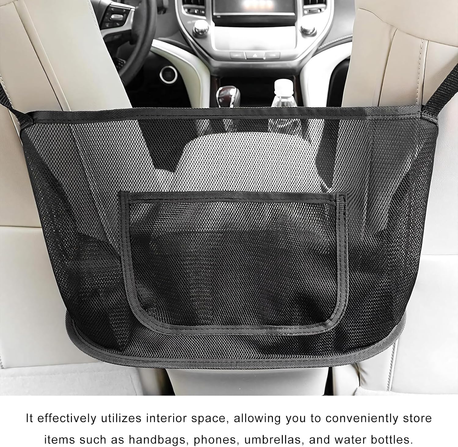 Car Net Pocket Handbag Holder, Large Capacity Mesh Bag for Console Front Seat, Barrier of Backseat Pet Storage Netting Pouch for Handbag Purse, Car Accessories for Women Men (Black) image 3