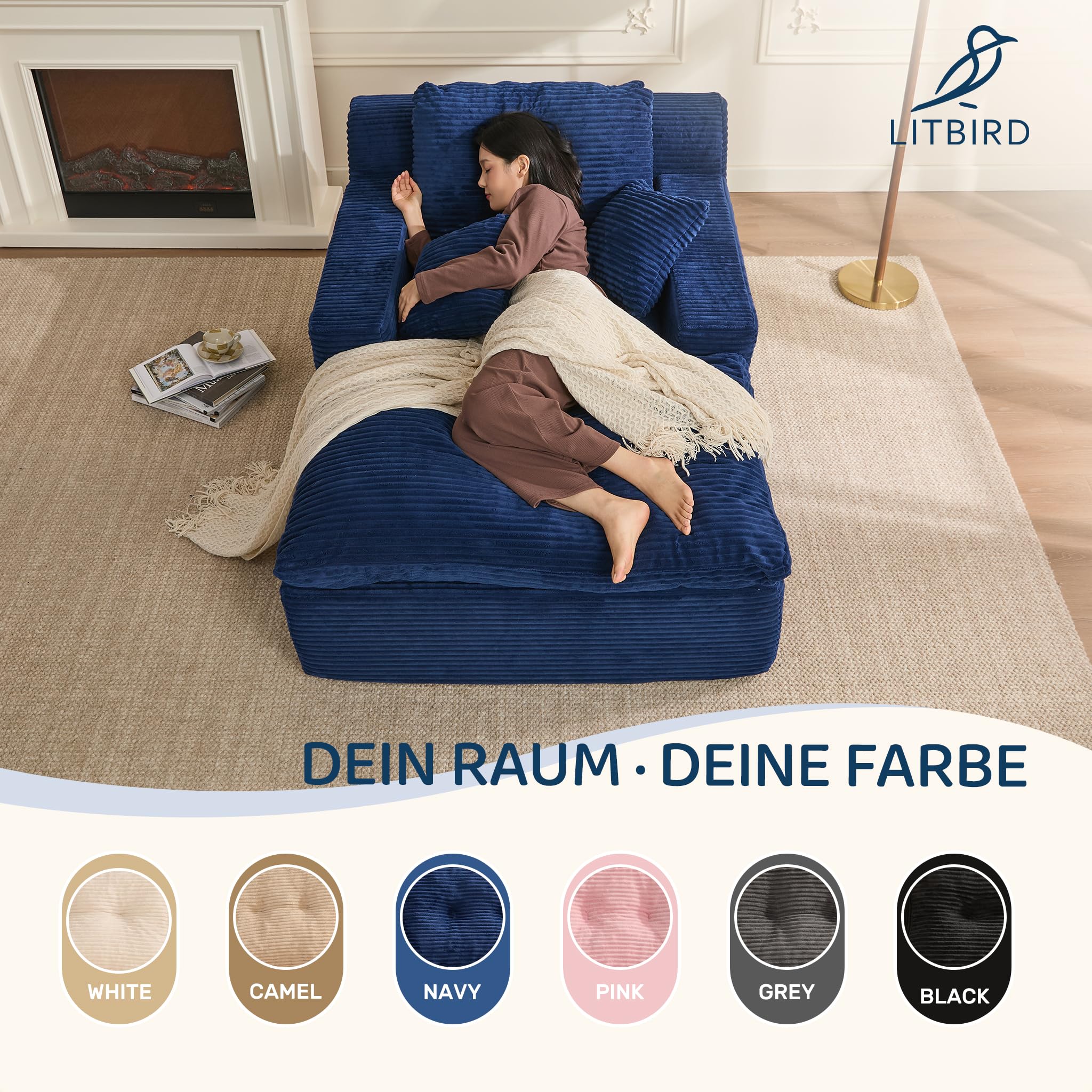 Divano Lounge 160 cm con Braccioli, Velluto a Coste (Blu navy)