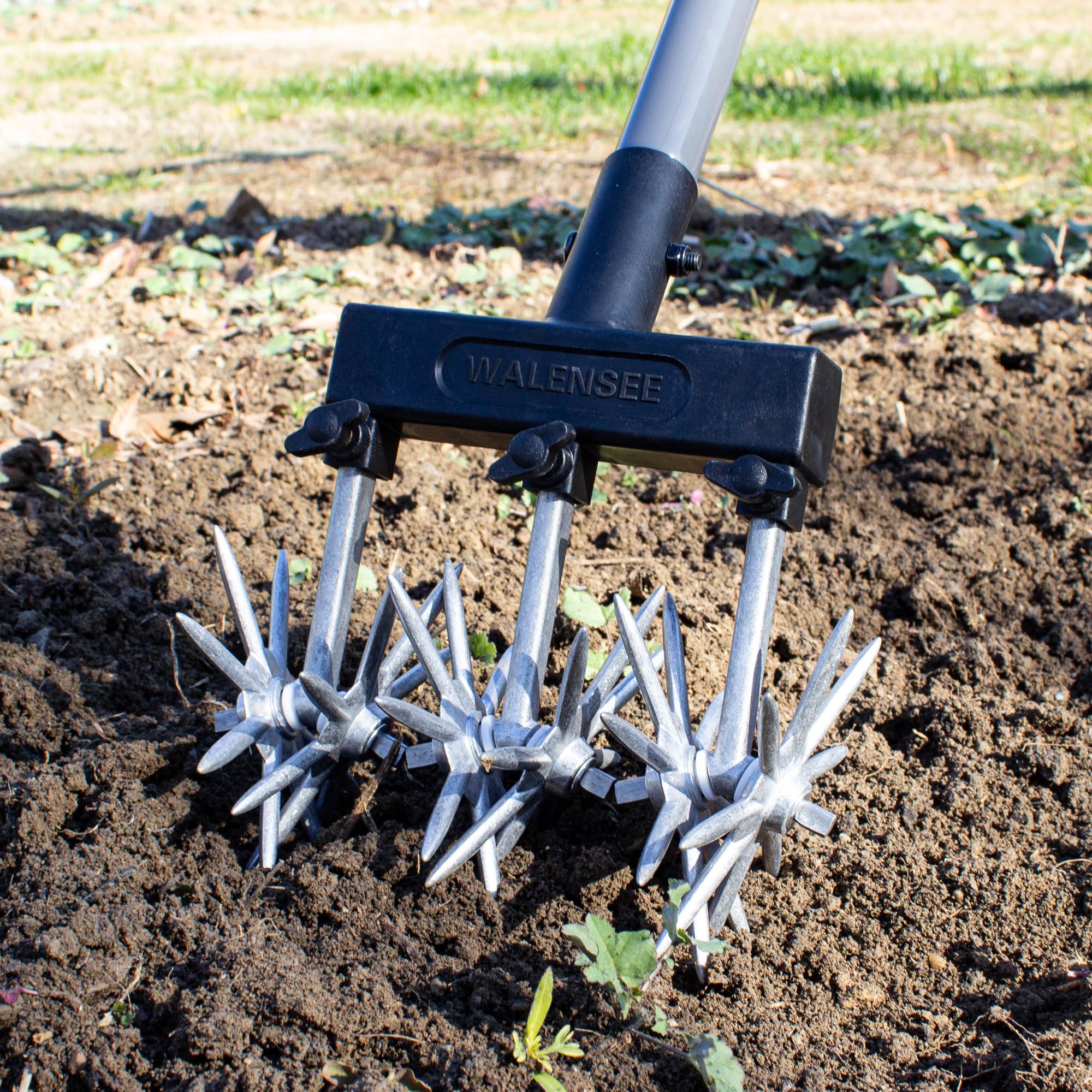 Walensee Rotierender Gartenkultivator, Verstellbare Handfräse mit Teleskopstiel, Rostfreie Sternräder zum Auflockern des Bodens, Jäten & Belüften des Rasens, Leichtes Gartenwerkzeug