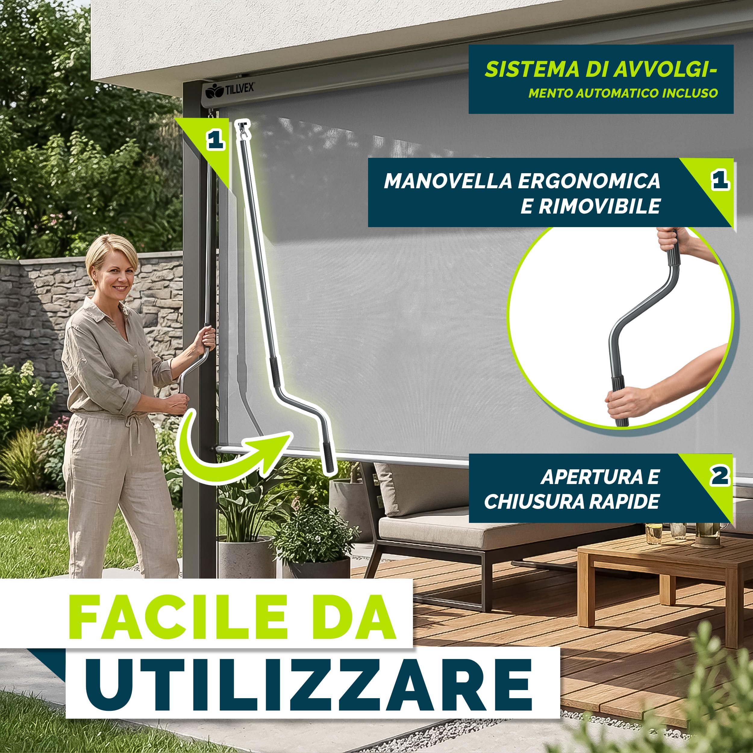 Tillvex Tenda da sole verticale 200 x 250 cm impermeabile con manovola in alluminio per balcone terrazza giardino