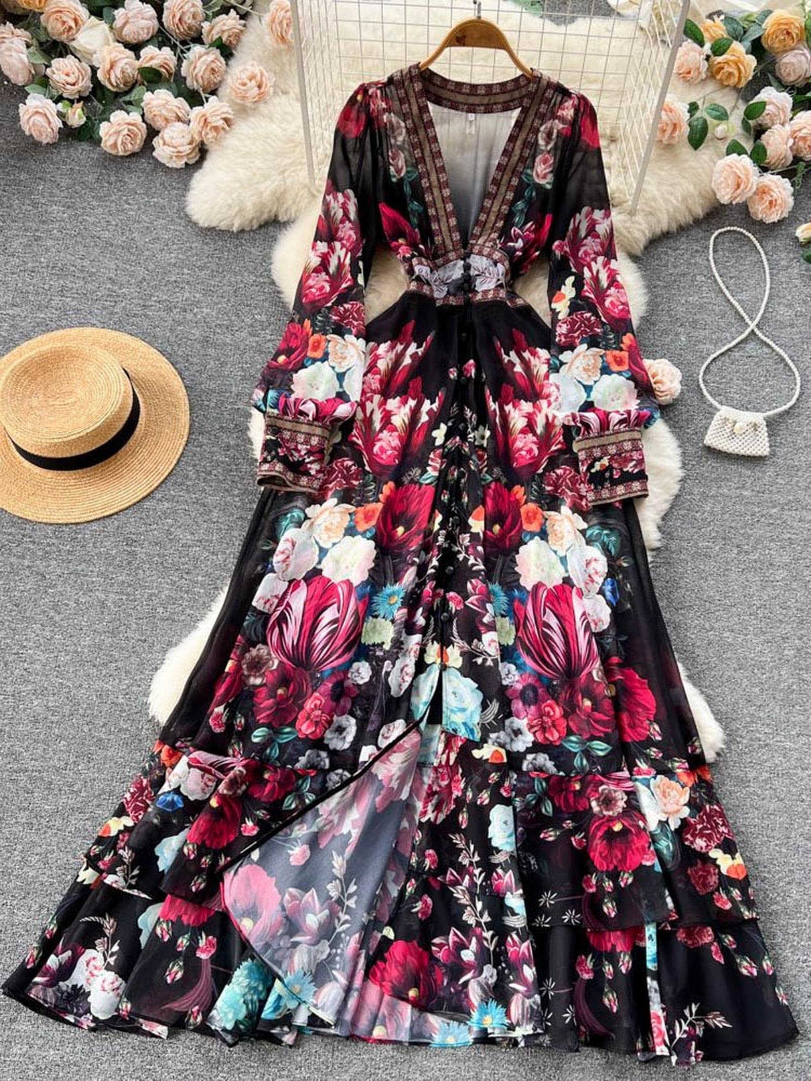 Vestito Donna Elegante Runway Gorgeous Flower Chiffon Cascading Ruffles Dress Women Deep V Neck Long Sleeve Floral Stampa Boho Robe Vestido-Beige,M