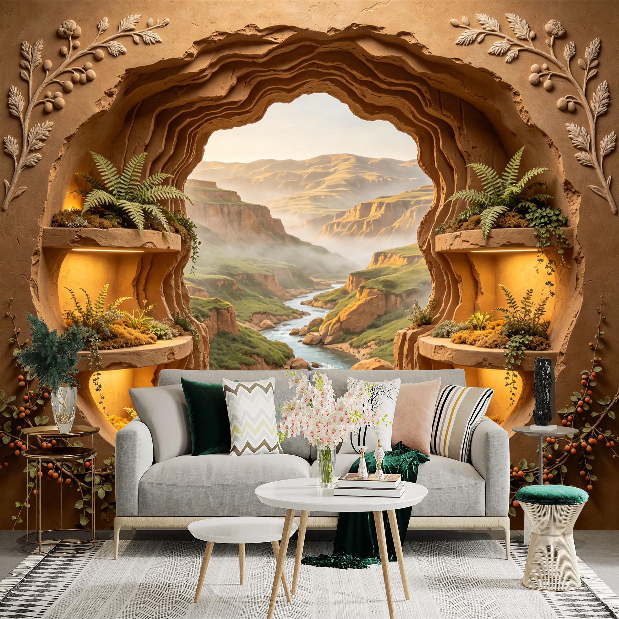 Custom Size Wall Sticker Mural， Canyon River View with Sunlight， Clay Wall and Fern Plants， for wall Decoration， peelandstick wall Decals.