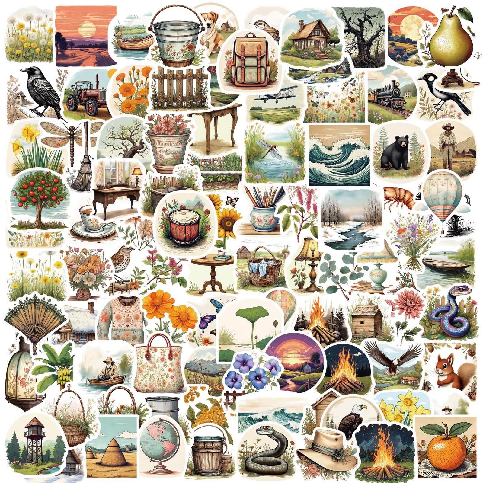 100+ Pcs Aesthetic Vintage Cottagecore Stickers for Journaling & Laptop - Floral, Butterfly, Cabin, Birds Nature Stickers Set - Waterproof Matte Vinyl