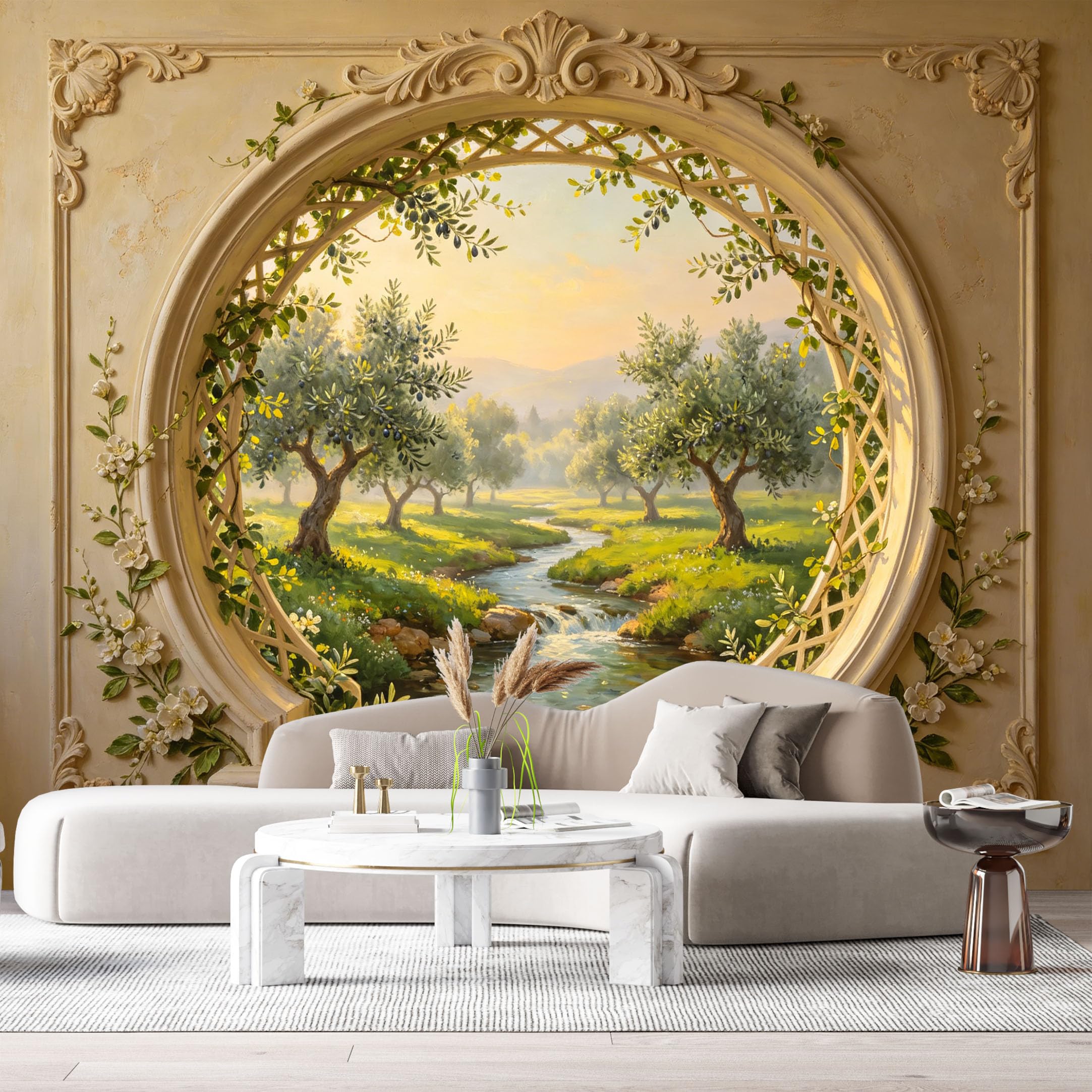 Custom Size Wall Mural Mediterranean Olive Tree Stream Landscape Oil Painting 3D Trompe L'Oeil SelfAdhesiveWall Fabric Removable Wallpaper Wall Decor for Living Room Bedroom Bathroom