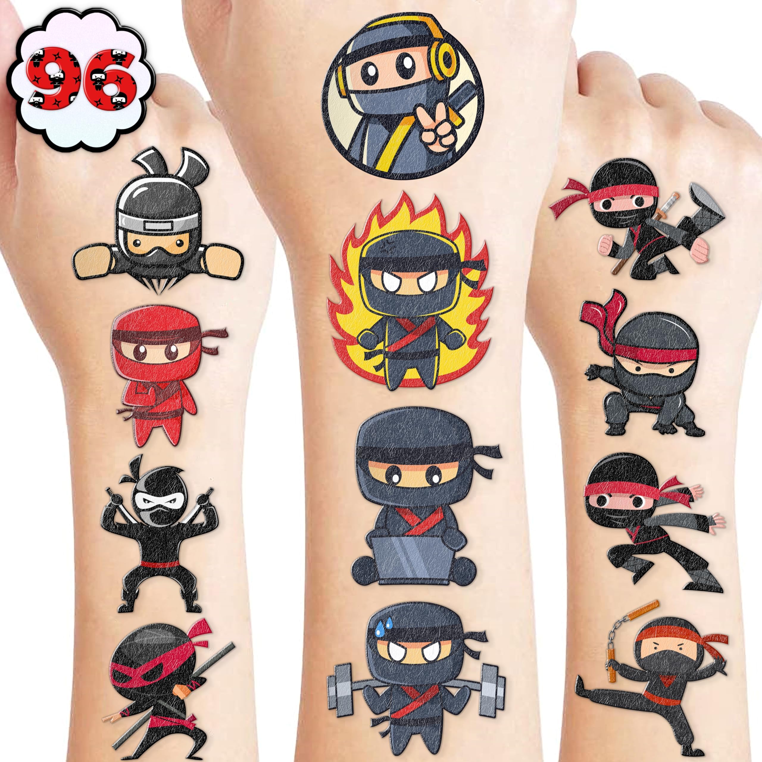 96 PCS Ninja Pre-Cut Temporary Tattoos for Kids Birthday Themed Party Supplie...