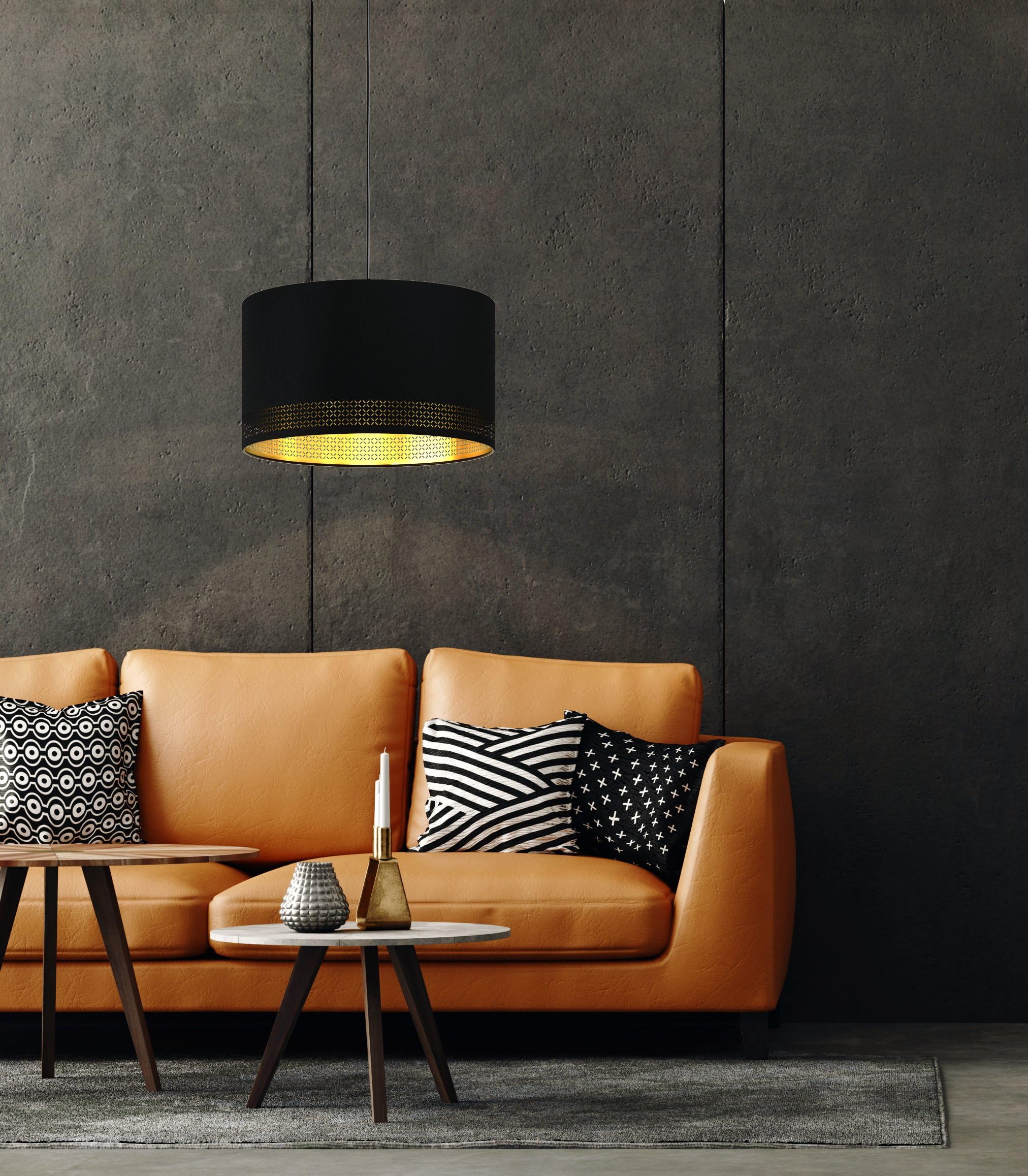 Eglo Suspension luminaire Esteperra, lustre suspendu vintage et rétro | lampe de salon et de salle à manger en acier et textile, noir et doré, douille E27, Ø 38 cm