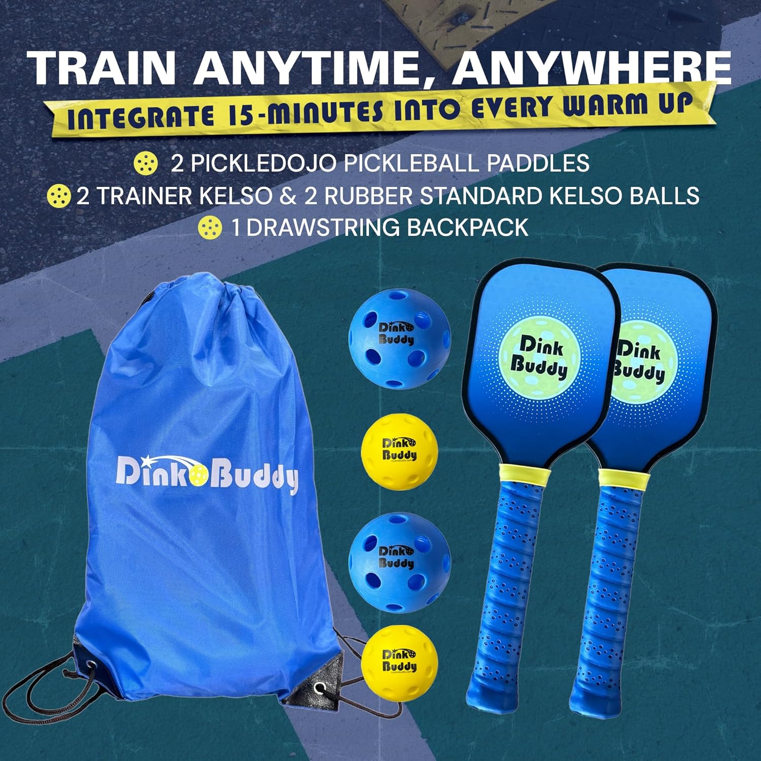 3-in-1 (with 1 Mini 6’ Wide Pickleball Net) & 2-in-1 Pickleball Trainer Options, Sports Gifts with 4 Kelso Balls (2 Trainer + 2 Standard), 2 PickleDojo Paddles, & 1 Drawstring Backpack
