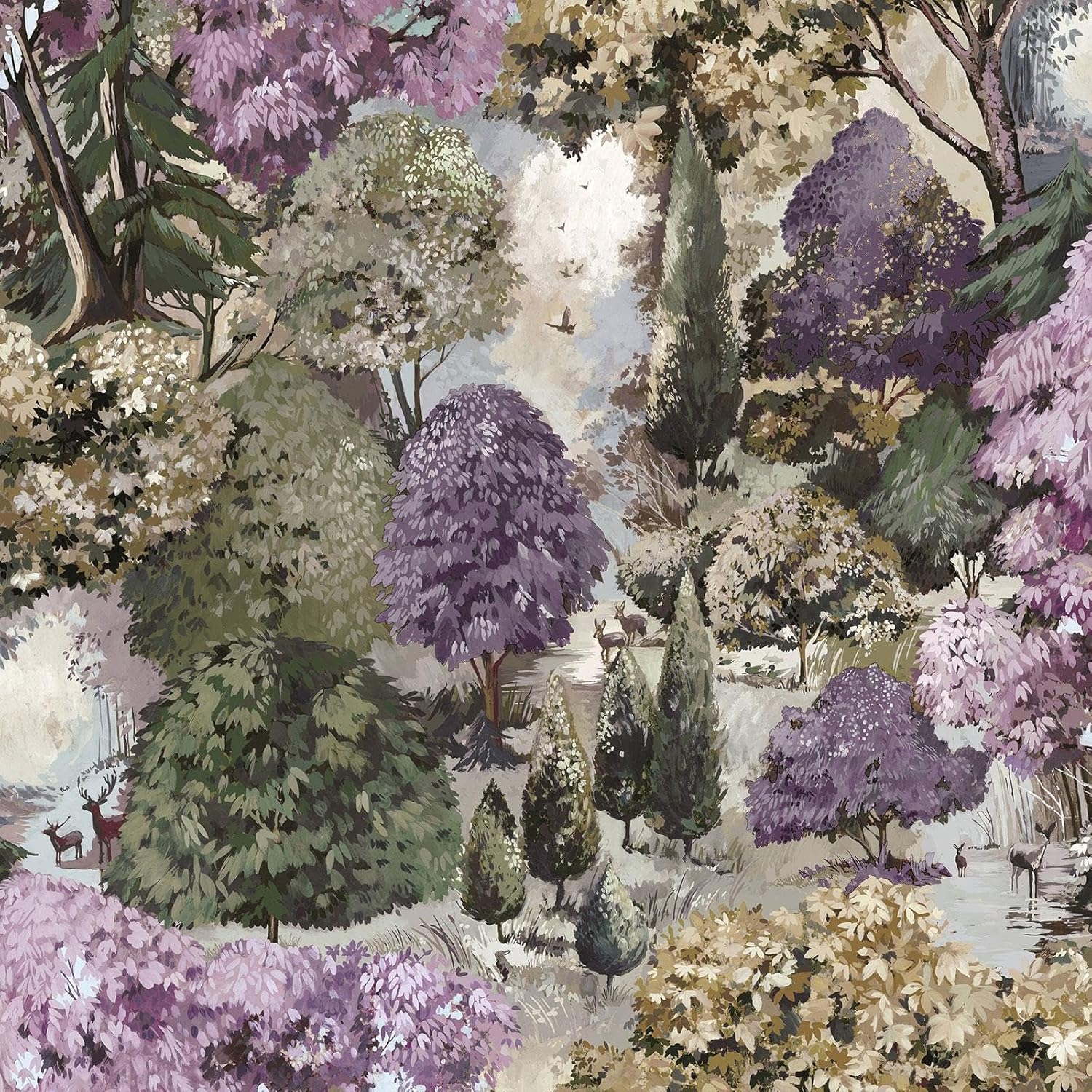 Basildon Forest Woodland Animal and Forest Themed Hand-Painted Look Victorian Style Tapestry Wallpaper for Bedrooms, Living Rooms Mulberry Purple/Green Holden 13930