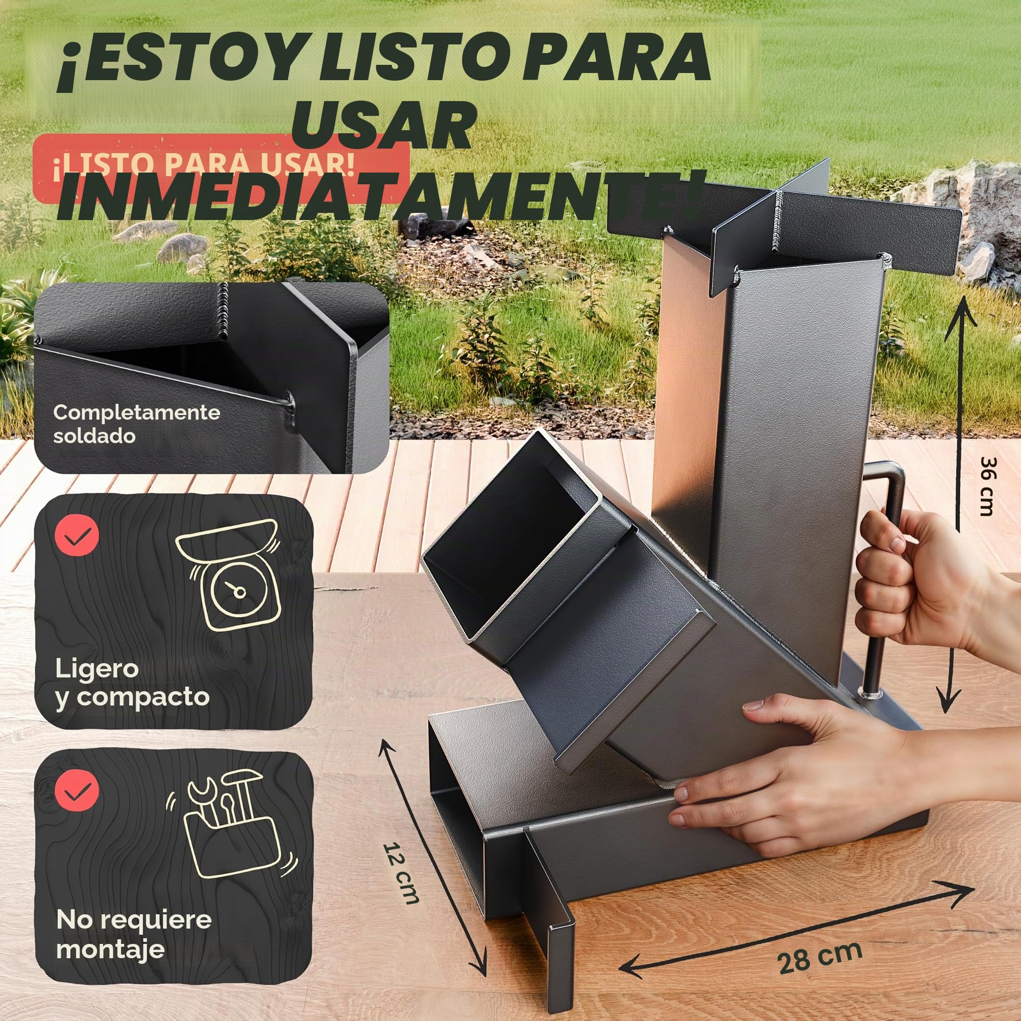 Horno de cohetes exterior para horno holandés, barbacoa, terraza, etc. Sin montaje. Estable y compacto. Rocket Stove como horno de camping para cocinar sin gas ni electricidad. Estufa de cañón