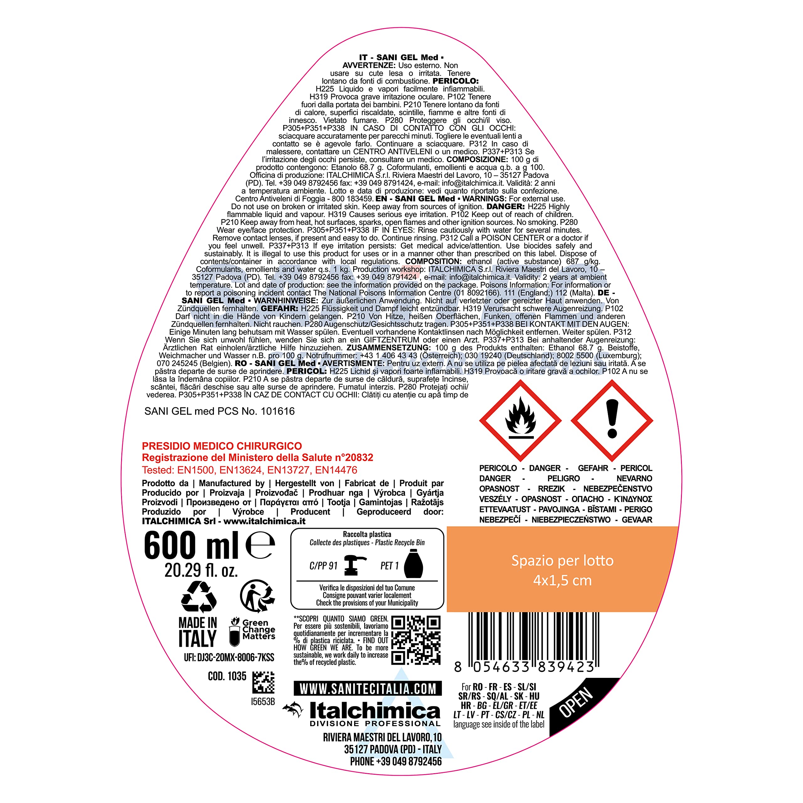 Sanitec Sani Gel Med Disinfettante Mani a Base di Alcol senza Risciacquo 6x600 ml