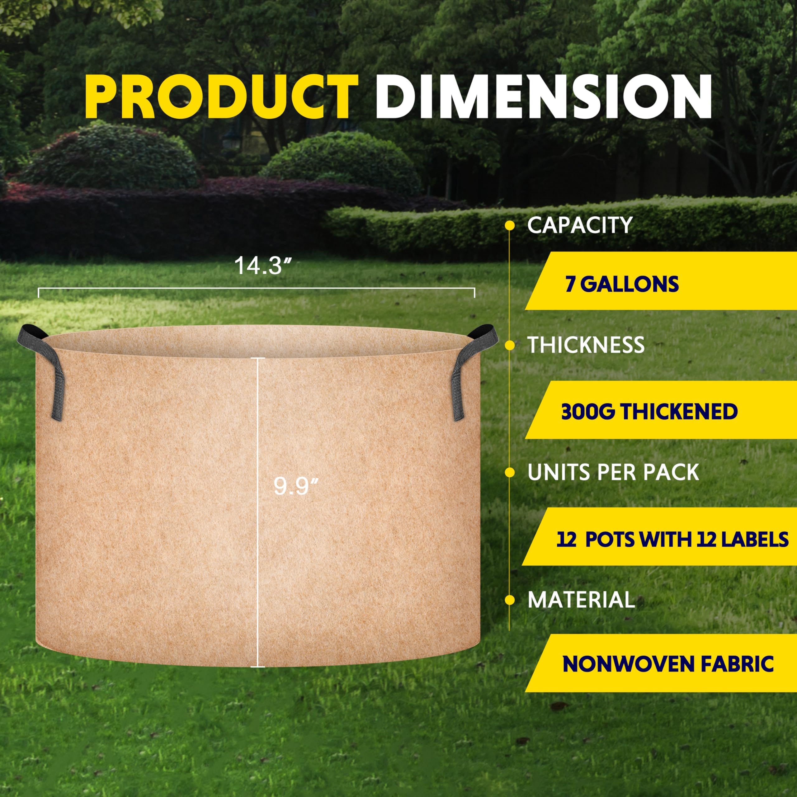 Simple Deluxe Con Asas, Bolsa no Tejida Gruesa Resistente con 6 Etiquetas para Plantas, 7 galones, 12 Unidades