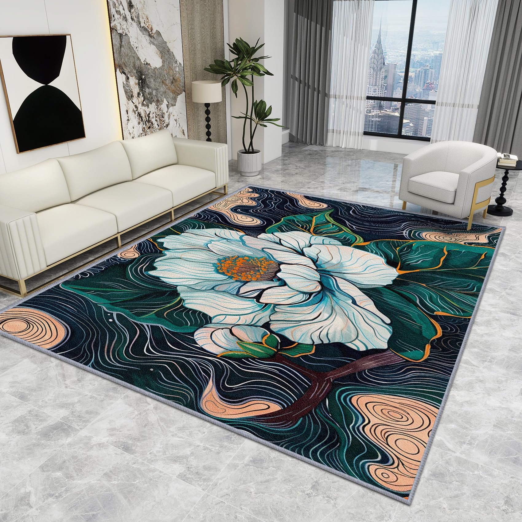 Floral Rug Dark - Floral Rug - Vintage Flower Botanical Rugs, Abstract Floral Rustic Carpet, Washable Rug Non Slip Low Pile Soft Large Area Rugs, Floral Home Decor Gifts, 120 X 120 cm